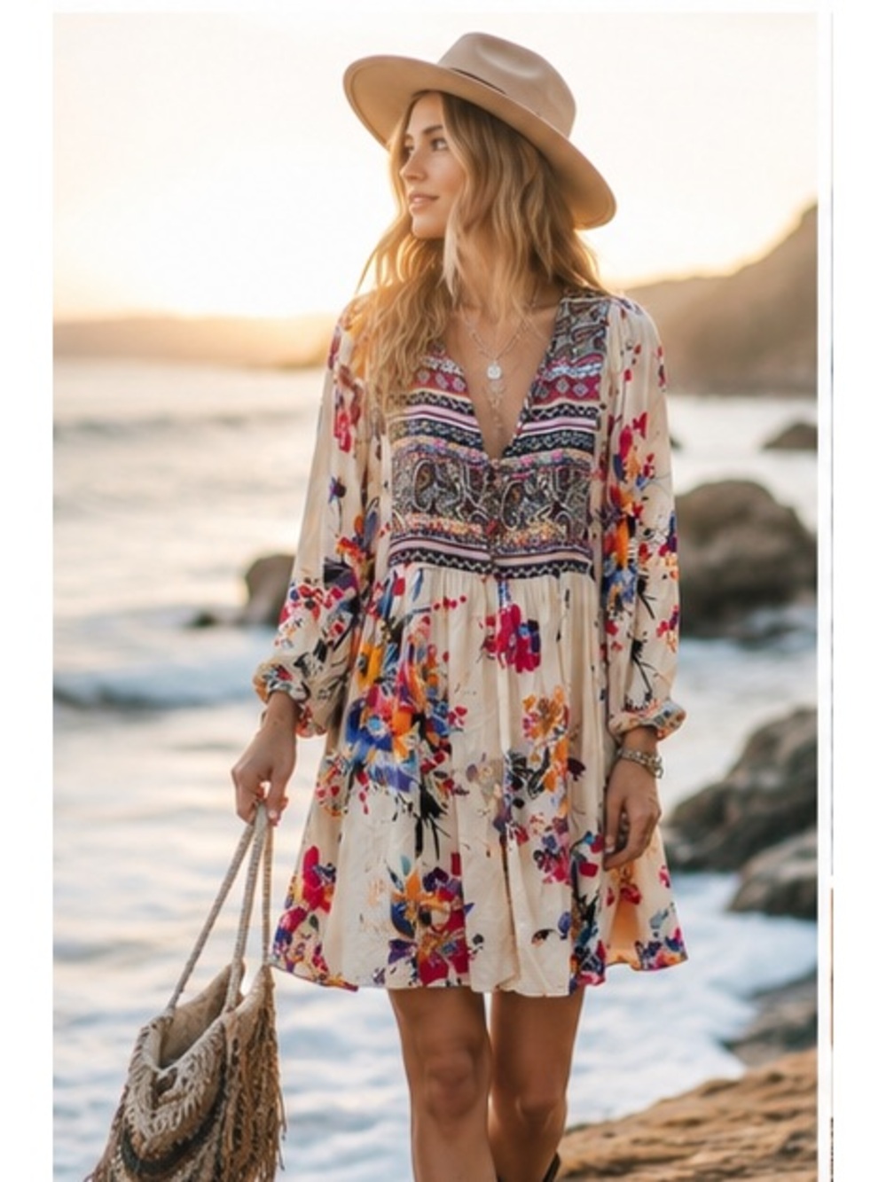 Umgee Boho Floral Paisley Tunic Dress Large Balloon Sleeve Peasant Mini
